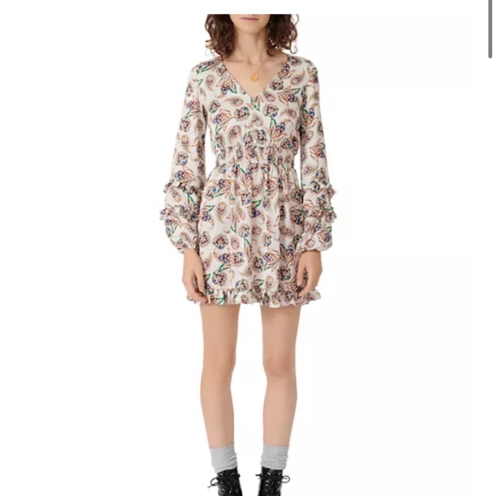 MAJE Paisley V-Neck Dress with Ruffled Sleeves